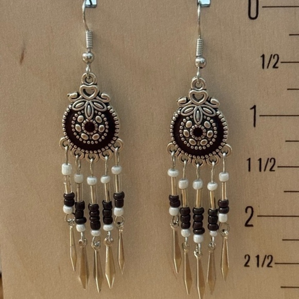 Silver-Tone with Dark Red Beads and Metal Tassel Earrings BRAND NEW